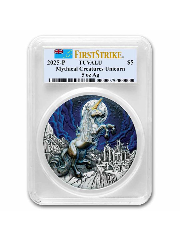 2025 TUV 5 oz Silver Colorized Unicorn Antiqued SP-70 PCGS HR FS