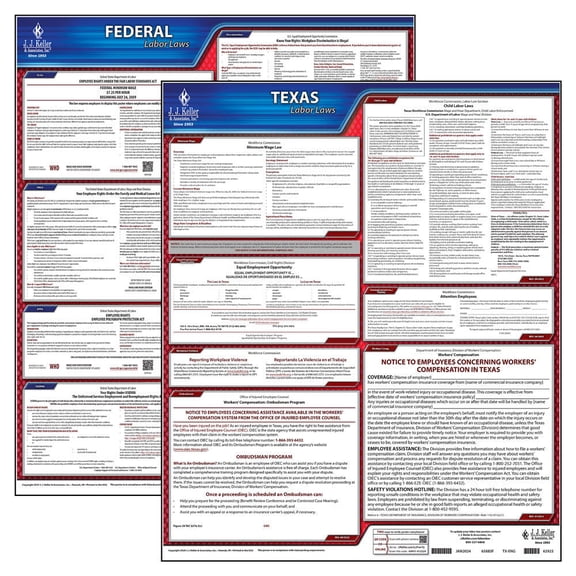 2025 Texas & Federal Labor Law 2-Poster Set with Workers' Comp - TX State & Federal (20" x 24" English & Laminated for both)