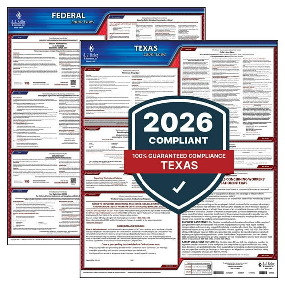 2025 Texas & Federal Labor Law 2-Poster Set with Workers' Comp - TX State & Federal (20" x 24" English & Laminated for both)
