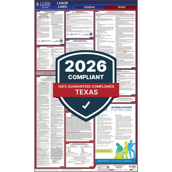2025 Texas and Federal Labor Law Poster w/o Workers' Comp (English, TX State) - OSHA Compliant All-in-One Laminated Poster