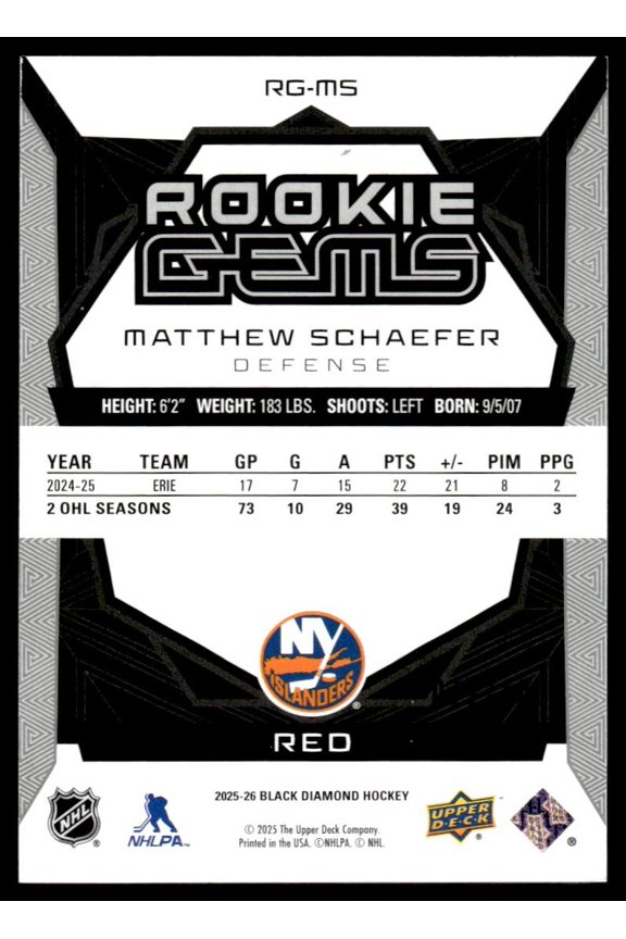 2025 The Upper Deck Company Black Diamond RG-MS Matthew Schaefer Rookie Gems Red Rookie VG NY Islanders