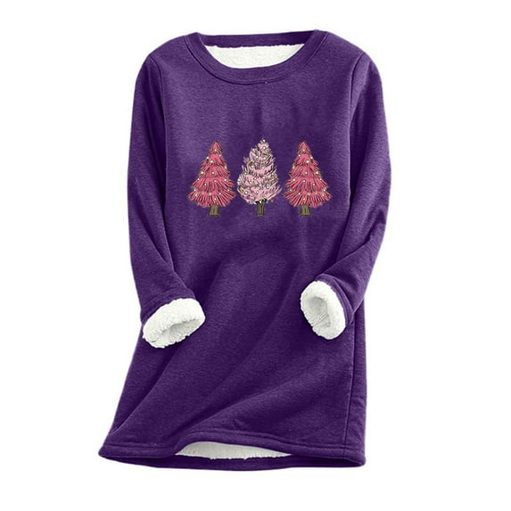 2025 Thermal Underwear Tunic Tops for Women, Sherpa Fleece Lined Long Sleeve Christmas Print Crew Neck Sweatshirt (5XL, Purple 02)
