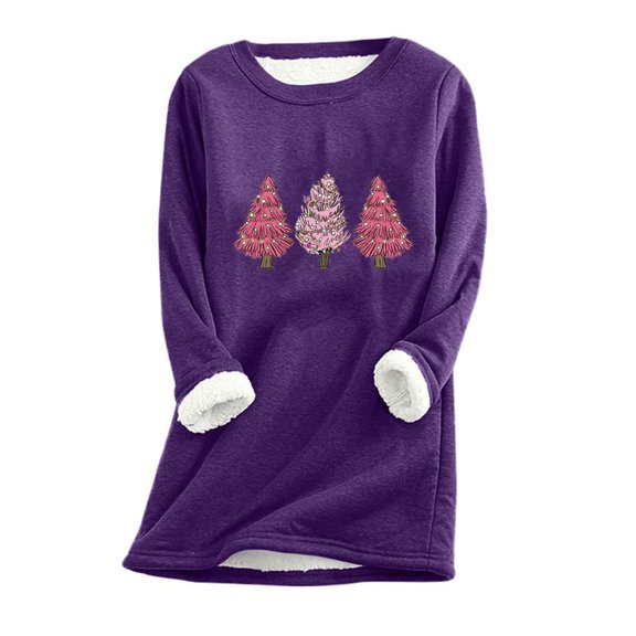 2025 Thermal Underwear Tunic Tops for Women, Sherpa Fleece Lined Long Sleeve Christmas Print Crew Neck Sweatshirt (5XL, Purple 02)