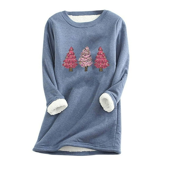 2025 Thermal Underwear Tunic Tops for Women, Sherpa Fleece Lined Long Sleeve Christmas Print Crew Neck Sweatshirt (S, Blue 02)
