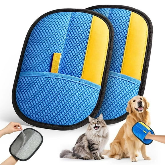 2025 Thickened Electrostatic Pet Hair Removal Gloves (2 Pcs) - Reusable Strong Grooming Gloves for Cats & Dogs, Hair Remover for Couch, Furniture, Carpet, Car Seats & Clothing (Blue)
