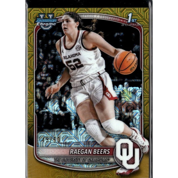 2025 Topps Bowman Chrome University Yellow Mojo Refractor BCP-65 Raegan Beers Oklahoma Sooners Basketball Card