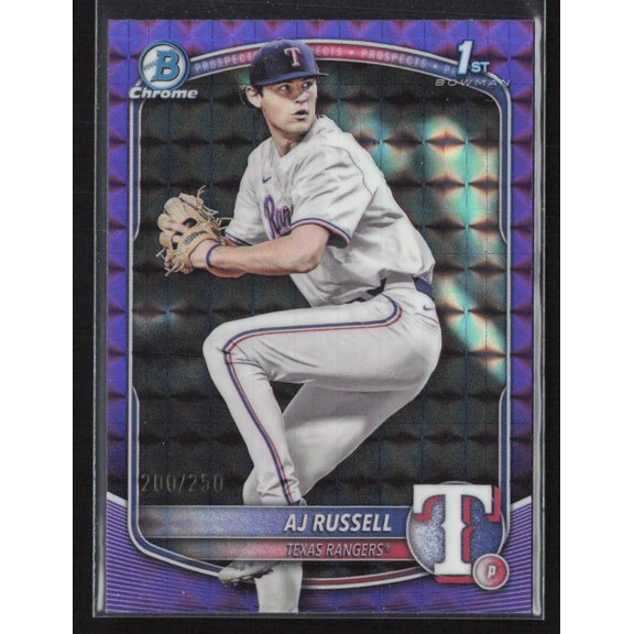 2025 Topps Bowman Draft Chrome AJ Russell #BDC-51 Purple RayWave /3 Texas Rangers MLB Baseball Trading Card