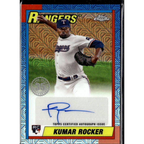 2025 Topps Chrome 1990 Topps Baseball Kumar Rocker #90BA2-KR Blue Mojo Refractor RC Texas Rangers MLB Autographed Baseball Trading Card