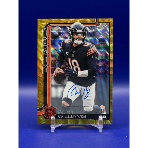 2025 Topps Chrome Gold Wave Refractor 23/50 BA-CW Auto Caleb Williams Chicago Bears Football Card Chicago Bears NFL Autographed Football Trading Card