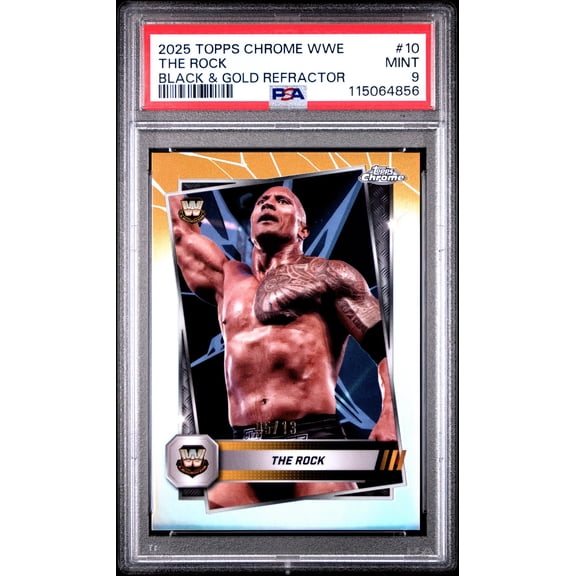 2025 Topps Chrome WWE Black & Gold Refractor the Rock #10 /113 PSA 9