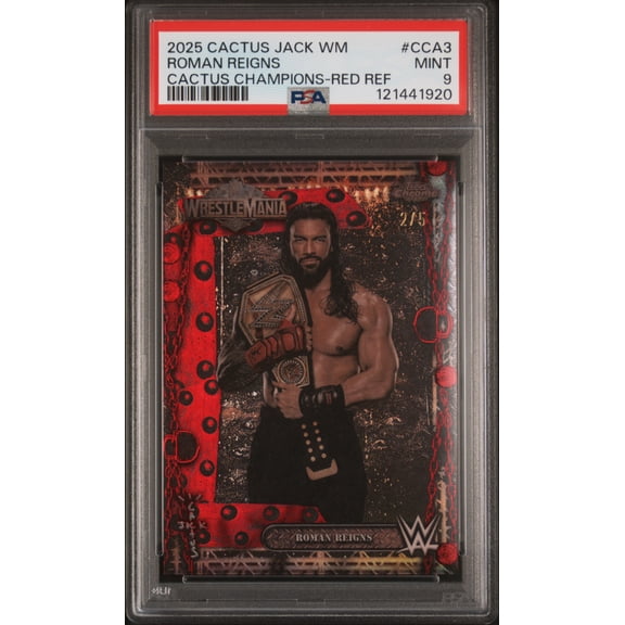 2025 Topps Chrome WWE Cactus Jack X Wrestlemania Cactus Champions Roman Reigns #CCA3 Red Ref /5 PSA 9