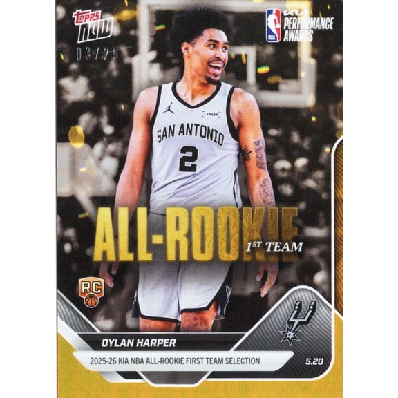 2025 Topps Now Dylan Harper #AR04 Orange Foil /25 2025-26 KIA NBA All Rookie First Team Selection San Antonio Spurs Rookie RC Basketball Card