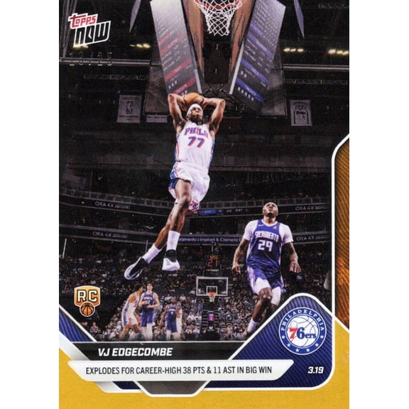2025 Topps Now VJ Edgecombe #218 Orange Foil /25 Explodes For Career High 38 Points & 11 Assists in Big Win Philadelphia 76ers Rookie RC Basketball Card