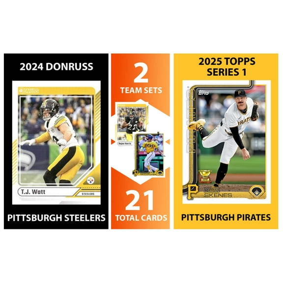 2025 Topps Pittsburgh Pirates + 2024 Donruss Pittsburgh Steelers NFL Team Set Bundle - 21 Total Cards - Paul Skenes, TJ Watt, Najee Harris, Andrew McCutchen