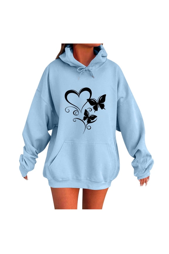 2025 Tops Hoodies for Women Fall Fashion Hooded Sweatshirts Casual Loose Heart Butterflies Printed Outdoor Hoody Jackets Round Neck Long Sleeve Hoodie Pullover Winter Outwears with Pocket