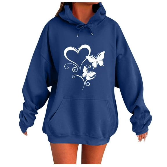 2025 Tops Hoodies for Women Fall Fashion Hooded Sweatshirts Casual Loose Heart Butterflies Printed Outdoor Hoody Jackets Round Neck Long Sleeve Hoodie Pullover Winter Outwears with Pocket