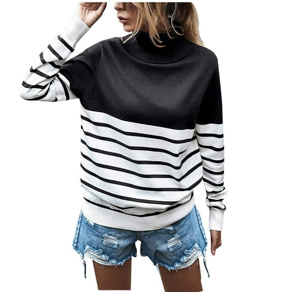2025 Trendy Casual Knit Sweater for Women Striped Print Turtleneck Long Sleeve Lightweight Pullover Jumper Fall Outfit