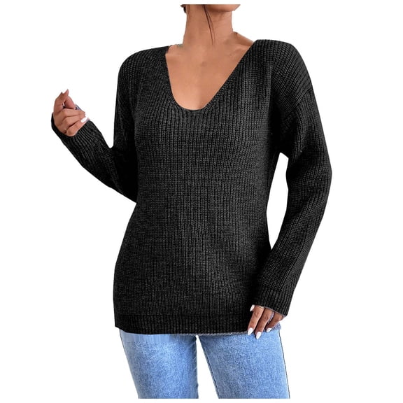 2025 Trendy Criss Cross Lace Backless Sweaters for Women Chunky Knit V Neck Long Sleeve Sweater Warm Pullover Top