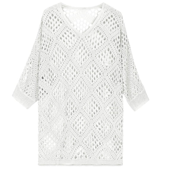 2025 Trendy Crochet Tops for Women Loose Fit V Neck 3/4 Sleeve Hollow Out Sweater Tops Comfy Beach Bikini Cover Ups
