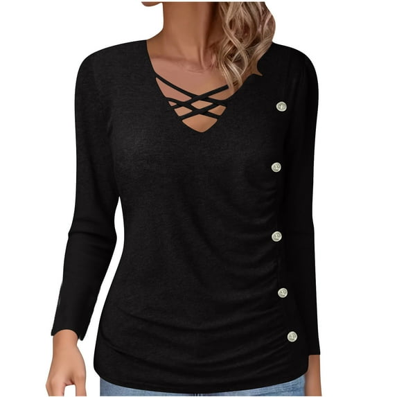 2025 Trendy Knit Shirts Criss Cross Tops V Neck Pleats Clothes Button Knitted Jumper Tunic Pullover Casual Long Sleeve Sweaters Sexy Elegant Clothing Fall Lightweight Garments