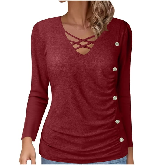2025 Trendy Knit Shirts Criss Cross Tops V Neck Pleats Clothes Button Knitted Jumper Tunic Pullover Casual Long Sleeve Sweaters Sexy Elegant Clothing Fall Lightweight Garments