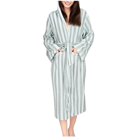 2025 Trendy Striped Robes for Women Cotton Kimono Towel Terry Cloth Bathrobe Knee High Length Nightgown Loungewear