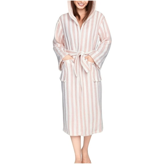2025 Trendy Striped Robes for Women Cotton Kimono Towel Terry Cloth Bathrobe Knee High Length Nightgown Loungewear