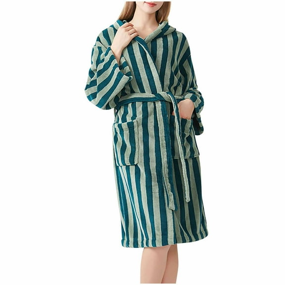2025 Trendy Striped Robes for Women Cotton Kimono Towel Terry Cloth Bathrobe Knee High Length Nightgown Loungewear