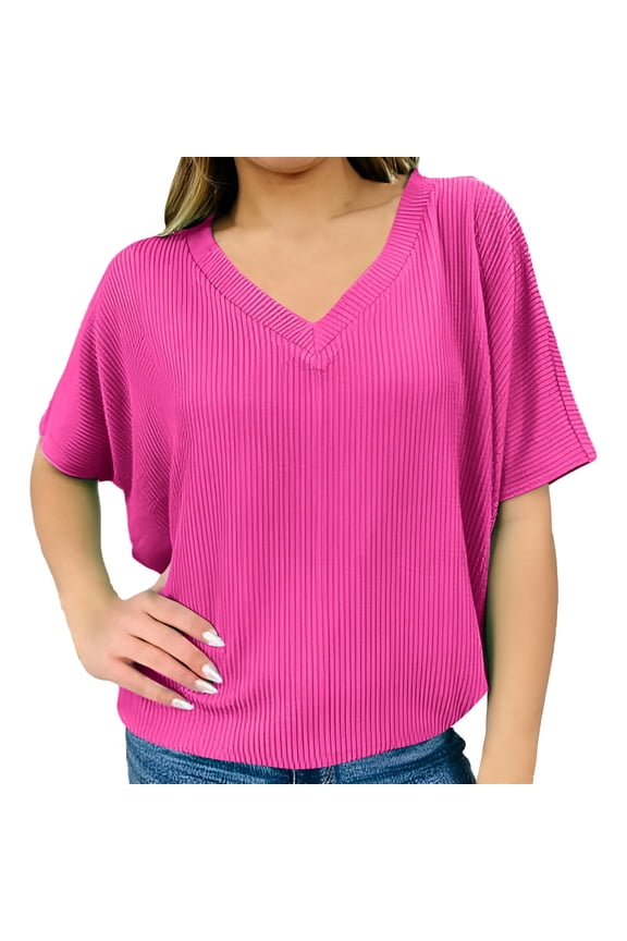 2025 Trendy V-Neck Tee - European/American Market Loose Casual Short Sleeve Top | Yubnlvae | Weekeen Top Take A Chance Top Bat Wing Tops for Women Knit Tops (Pink | 4XL)