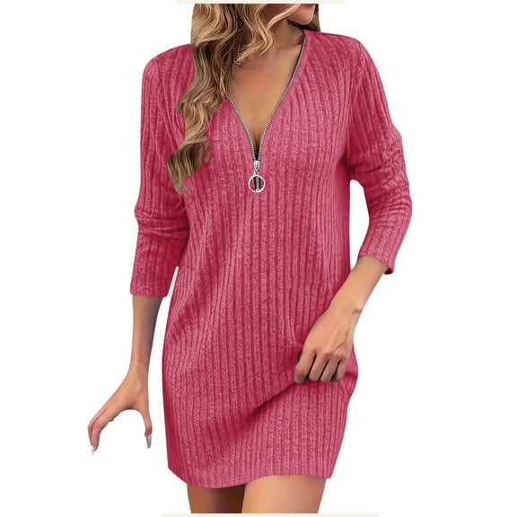 2025 Trendy Women's Knit Long Sleeve Sweater Dress Casual Half Zipper V Neck Tunic Dresses Fall Trendy Outfits