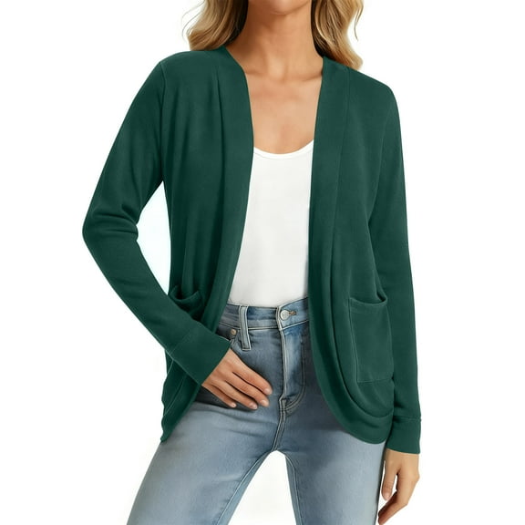 2025 Trendy Women's Long Sleeve Knit Sweater Cardigans Curved Hem Open Front Sweaters with Pockets Solid Outerwear