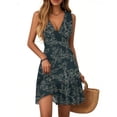 thumbnail image 1 of 2025 Trendy Women's Summer V-neck Floral Printed Dress Wrap Dress Beach Hawaiian Tropical Sundress Sleeveless Mini Pleat hem Dresses, 1 of 2