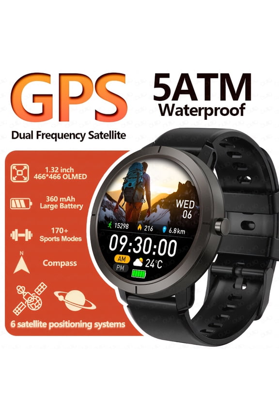 2025 Unisex GPS Smartwatch | Atctions 3085S Dual-Frequency Chip | 1.32" AMOLED Display | 200+ Sports Modes | 5ATM Waterproof | Wireless Calling | Compass/Altitude/Air Pressure | Strava Compatible