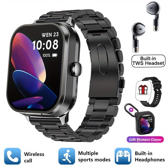 2025 Unisex Smart Watch w/ Earbuds, 2.01" HD, NFC, Wireless Call, 100+ Sport Modes, Zinc Alloy, USB Charging