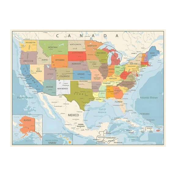 2025 Updated Color Map of United States USA with Mount McKinley, Vintage Style USA Map Poster, Educational Wall Art Print for Home or Office Decoration, 12x18 Inches