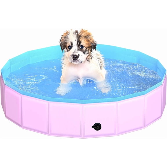 2025 Updated Foldable Dog Pool, 32" x 8" Kiddie Pool with Hard Plastic, Non-Slip Dog Bath Tub for Outdoor Backyard, Collapsible Dog Swimming Pool for Kids Dogs Pets (Pink)