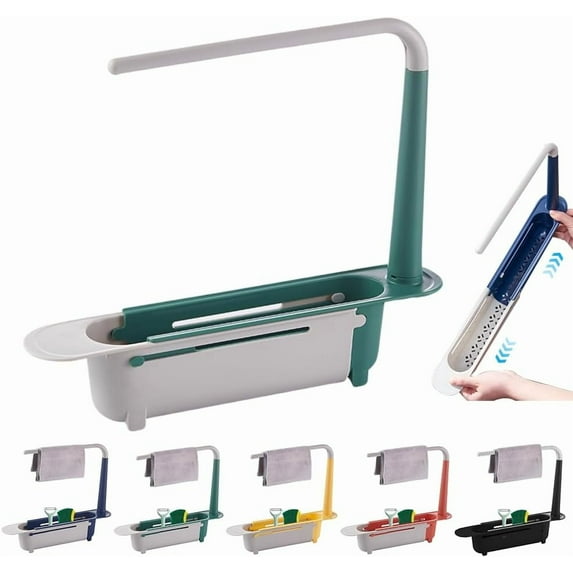 2025 Updated Telescopic Sink Storage Rack Adjustable, Telescopic 2-in-1 Kitchen Sink Storage Rack Holder, Over The Kitchen Sink Caddy Sponge Holder Organizer Drying Rack for Kitchen (Green)