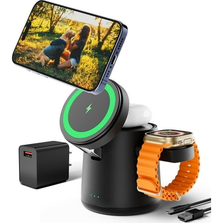 2025 Upgrade 3 in 1 Charging Station for Apple MagSafe Charger, Adjustable Portable Wireless Charging Stand, Fast Wireless Charger Dock for iPhone 16 15 14 13 12 Pro Max & Apple Watch AirPods (Black)