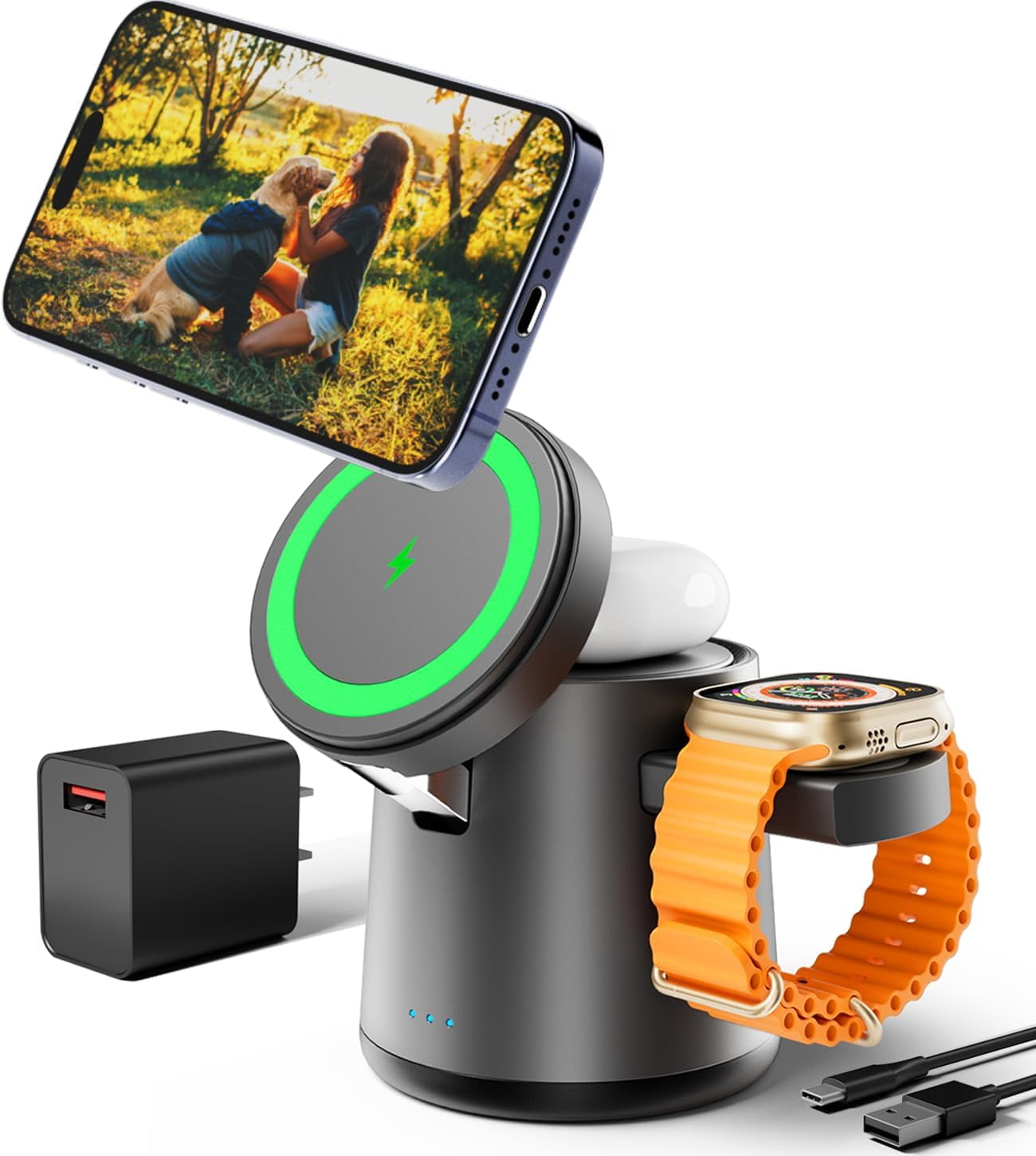 2025 Upgrade 3 in 1 Charging Station for Apple MagSafe Charger, Adjustable Portable Wireless Charging Stand, Fast Wireless Charger Dock for iPhone 16 15 14 13 12 Pro Max & Apple Watch AirPods (Black)