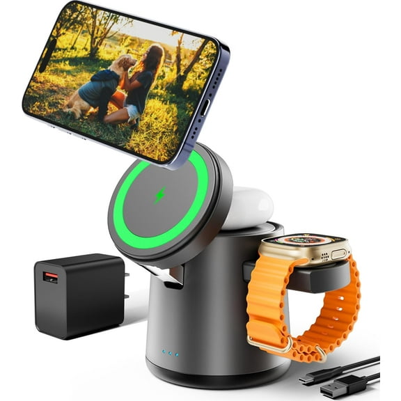 2025 Upgrade 3 in 1 Charging Station for Apple MagSafe Charger, Adjustable Portable Wireless Charging Stand, Fast Wireless Charger Dock for iPhone 16 15 14 13 12 Pro Max & Apple Watch AirPods (Black)