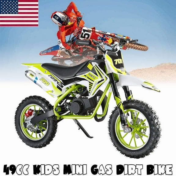 2025 Upgrade 49cc Kids Dirt Bike with Dual Disc Brakes, 2-Stroke 30KM/H Gas Pitbike - Reinforced Chain Guard & Anti-Slip Tires Mini Motocross for Off-Road (100kg Load)