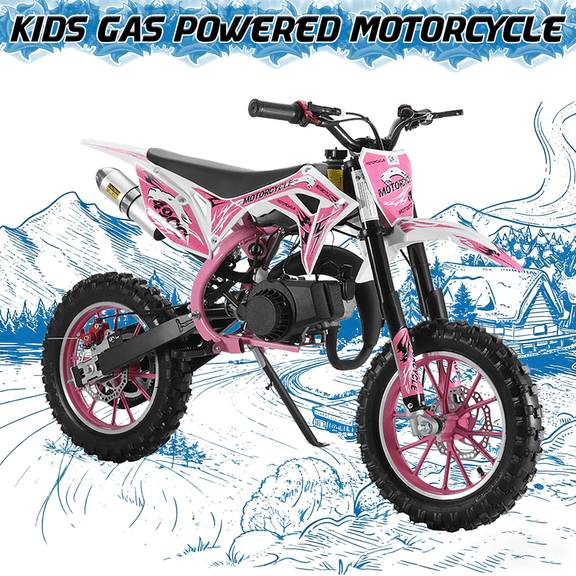 2025 Upgrade 49cc Kids Dirt Bike with Dual Disc Brakes, 2-Stroke 40KM/H Gas Pitbike - Reinforced Chain Guard & Anti-Slip Tires Mini Motocross for Off-Road (100kg Load)