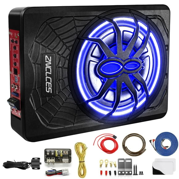 2025 Upgraded 10"1200W Slim Under Seat Powered Car Subwoofer, Car/Truck Sub Built in Amplifier for outstanding Heat Dissipation, Powerful bass and Blue LED Ambient Light enjoy Audio Experience C88