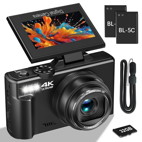 XLURC 4K Digital Camera for Photography with Wifi 64MP Vlogging Camera for YouTube with 3" 180° Flip Screen, 18X Digital Zoom with 32GB Micro SD Card & 2 Batteries