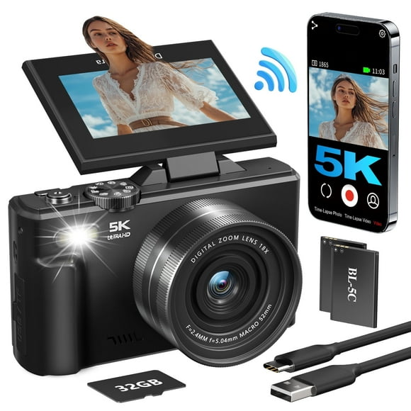 XLURC 5K Digital Camera for Photography with Wifi, 75MP Vlogging Camera for YouTube with 3" 180° Flip Screen, 18X Digital Zoom Photography Camera with 32GB Micro SD Card & 2 Batteries(Black)