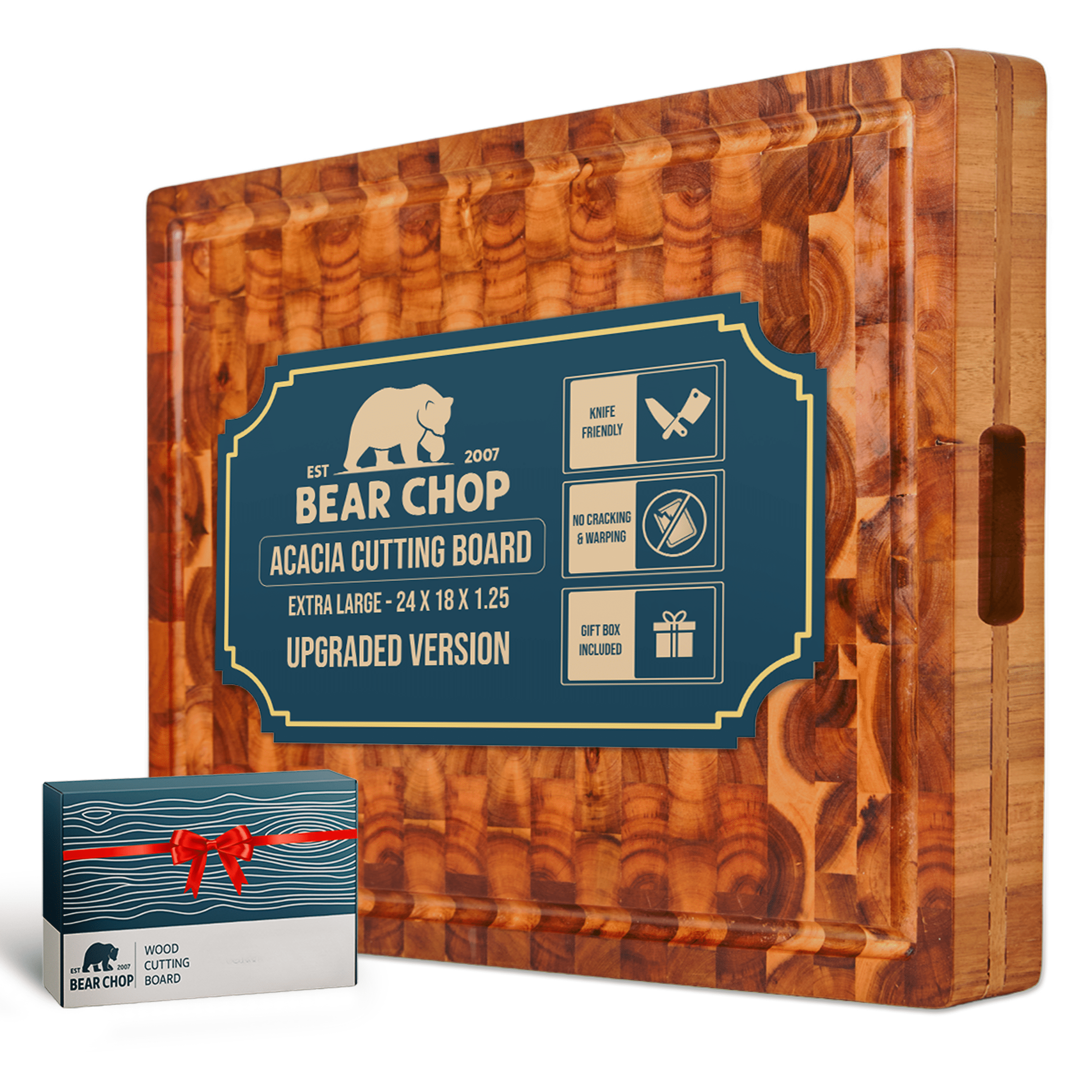 [2025 Upgraded] Bearchop 100% Acacia Wood Cutting Board for Kitchen with 4-Side Reinforced Bar for Anti Crack/Warp,[24"x18"x1.25"] Large Wooden End Grain Butcher Block Cutting Board,Gift Box included