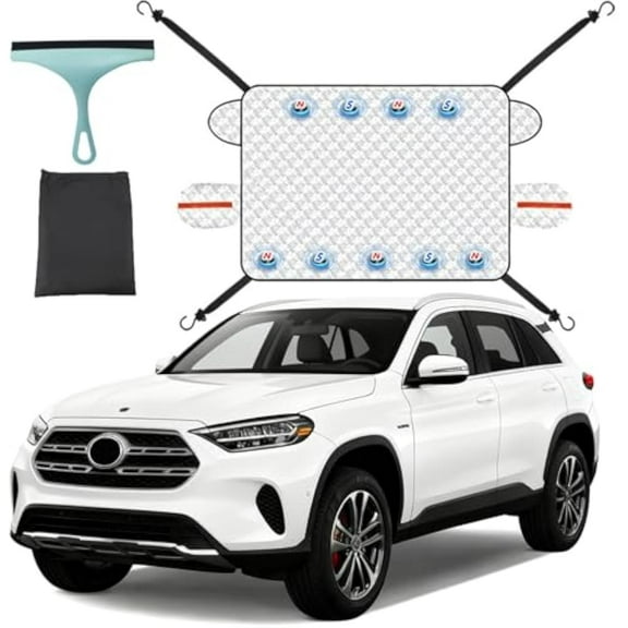 2025 Upgraded Car Windshield Magnetic Snow Cover, 4-Layer Magnetic Windshield Cover for Car, Magnetic Snow Protector for Cars Wind Shield for Winter Weather Protection (SUV, with 4 Straps)