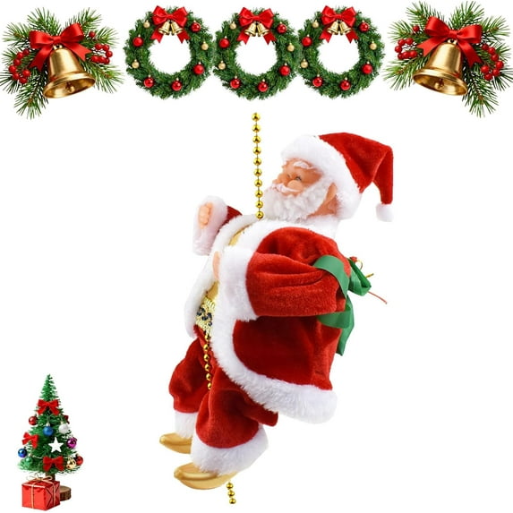 2025 Upgraded Climbing Santa with Music,Santa Claus Musical Climbing Rope Animated Electric Santa Claus on Rope, Musical Christmas Tree Ornament, Battery Operated Holiday Decoration Gift(1PC)