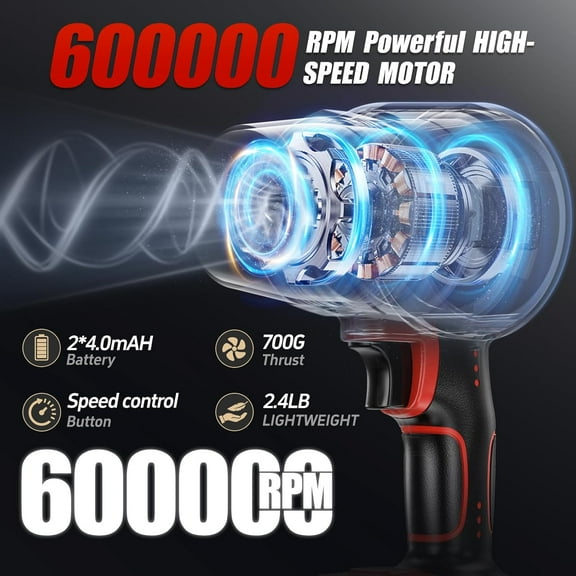 2025 Upgraded Cordless Leaf Blower with Extended Nozzle, 600000RPM Turbo Blower, Electric Small Blower with 2x4.0Ah Batteries, Lightweight Handheld Leaf Blower for , Leaves, Snow, Car Cleaning