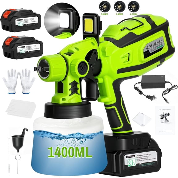 2025 Upgraded Cordless Sprayer w/1400ML Cup & Liner Bags, 2*4.0Ah and Charger, 3 Patterns, Easy to Clean, HVLP for Furniture Cabinets Shed Fence Walls Door Garden Chairs